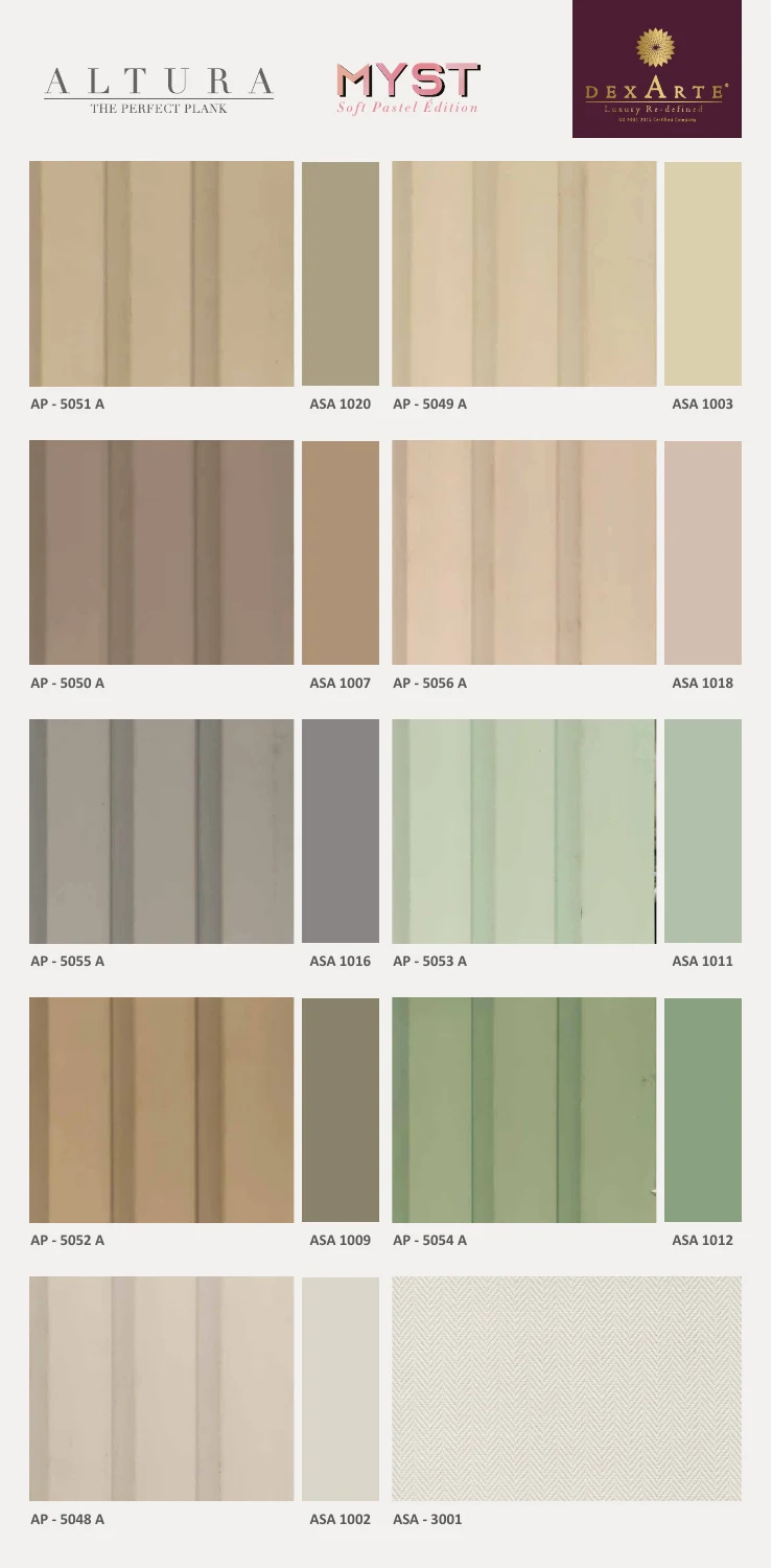 Altura MYST catalogue showing AP plank codes alongside coordinating INNOVA ASA sheet codes.