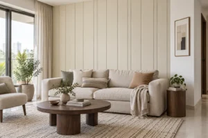 Cream vertical wall panels behind a linen sofa in a daylight-filled living room; illustrative MYST design concept.