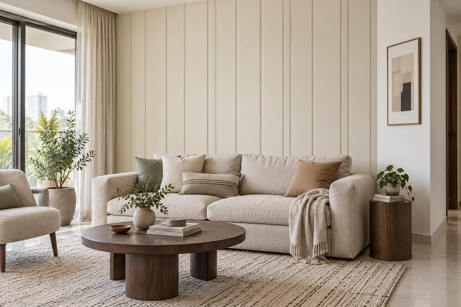Cream vertical wall panels behind a linen sofa in a daylight-filled living room.