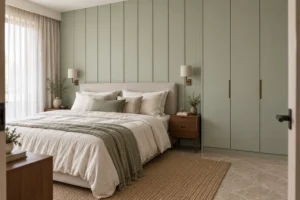 Sage panelled headboard wall and coordinating flat wardrobe doors in a naturally lit bedroom; illustrative design concept.