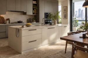 Design illustration of an ivory matte kitchen island with grey cabinetry, stone surfaces and natural daylight