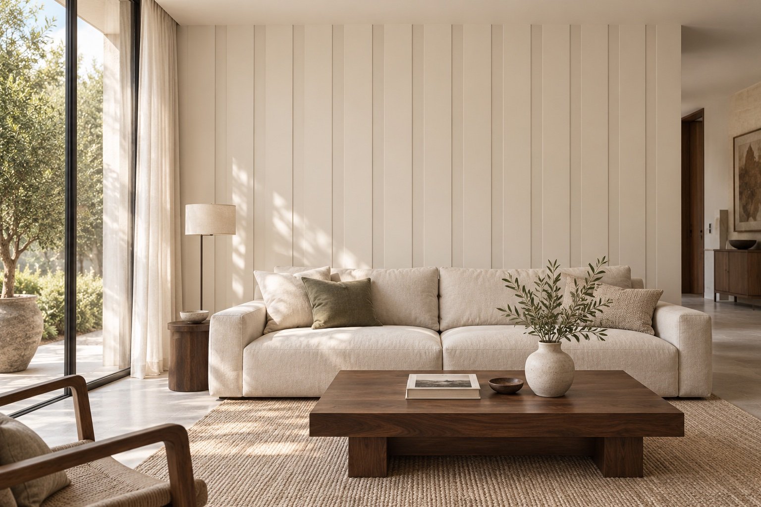 Design illustration of pale vertical wall panelling behind a cream linen sofa in a naturally lit living room