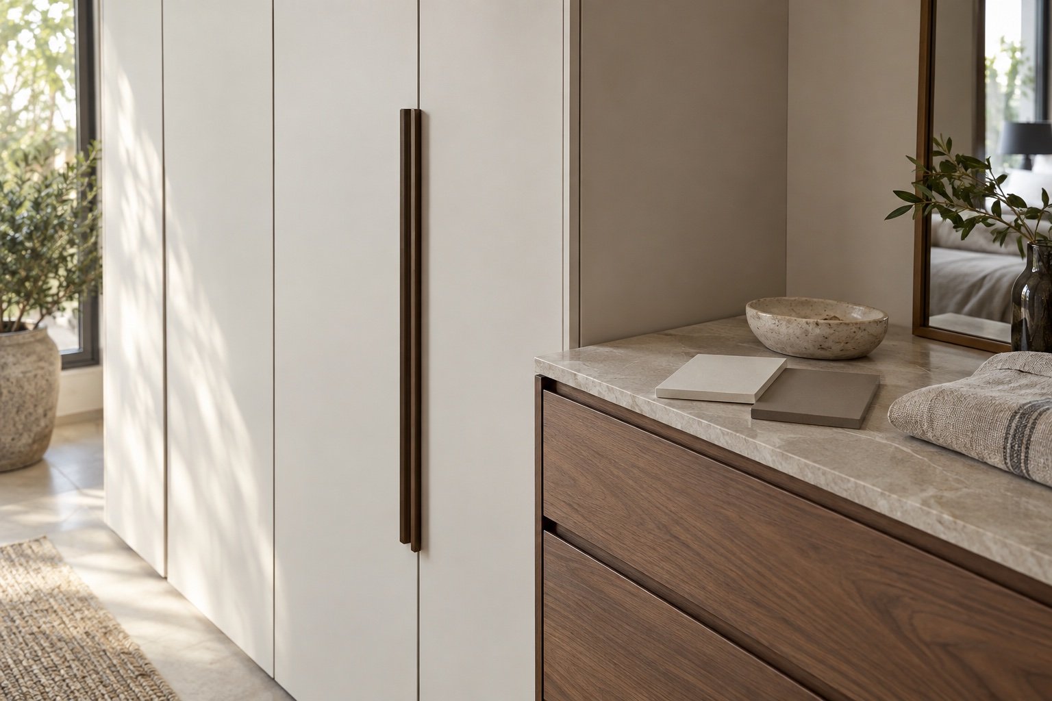 Design illustration of matte ivory wardrobe doors beside a walnut dresser and neutral finish samples